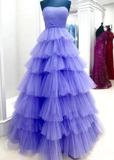 Lillian |A Line Straight Hot Pink Long Prom Dress with Ruffles - Purple - PromDressClub